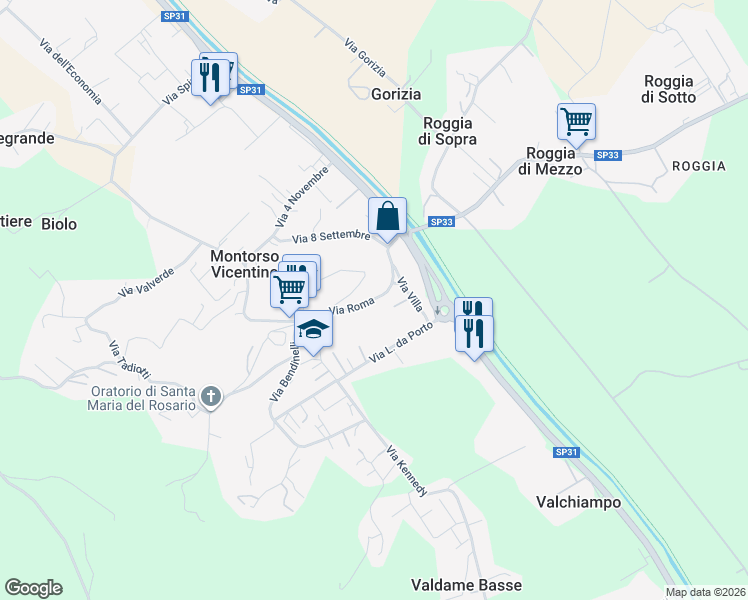 map of restaurants, bars, coffee shops, grocery stores, and more near 23 Via Roma in Montorso Vicentino