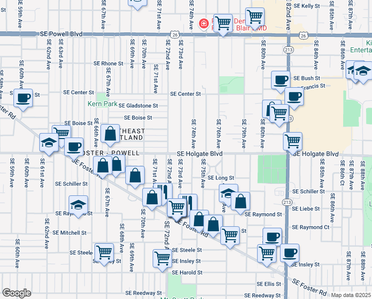map of restaurants, bars, coffee shops, grocery stores, and more near 7309 Southeast Holgate Boulevard in Portland