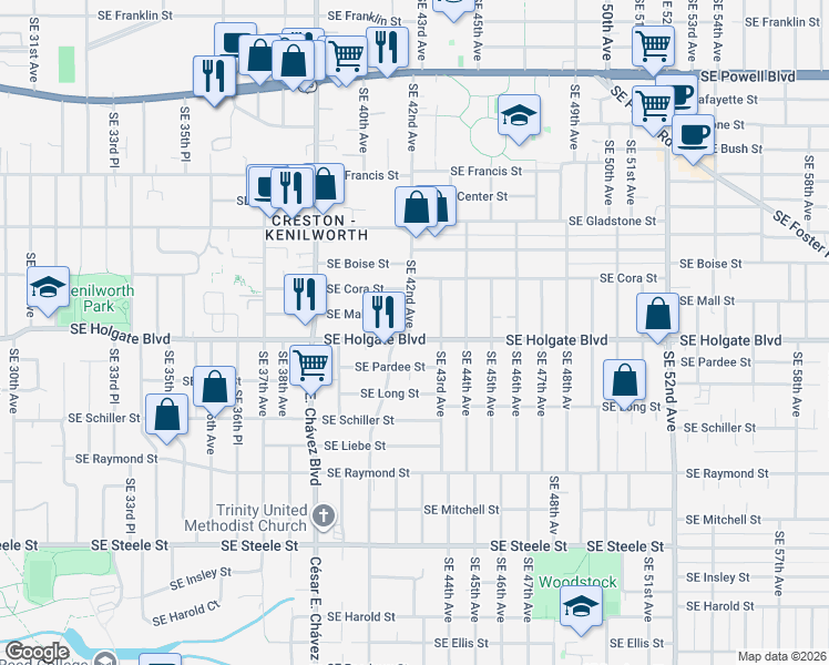 map of restaurants, bars, coffee shops, grocery stores, and more near 4430 Southeast 42nd Avenue in Portland