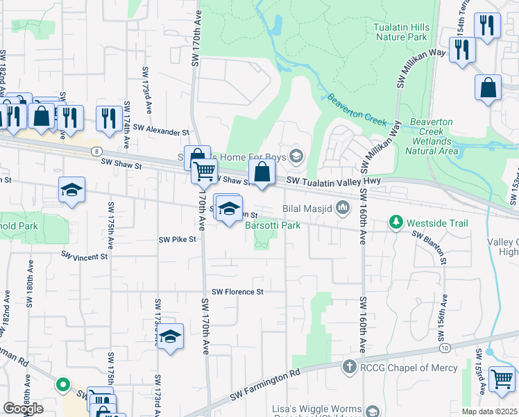 map of restaurants, bars, coffee shops, grocery stores, and more near 16646 Southwest Barsotti Street in Beaverton
