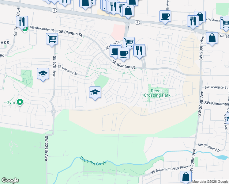 map of restaurants, bars, coffee shops, grocery stores, and more near 7539 Southeast Youngs Street in Hillsboro