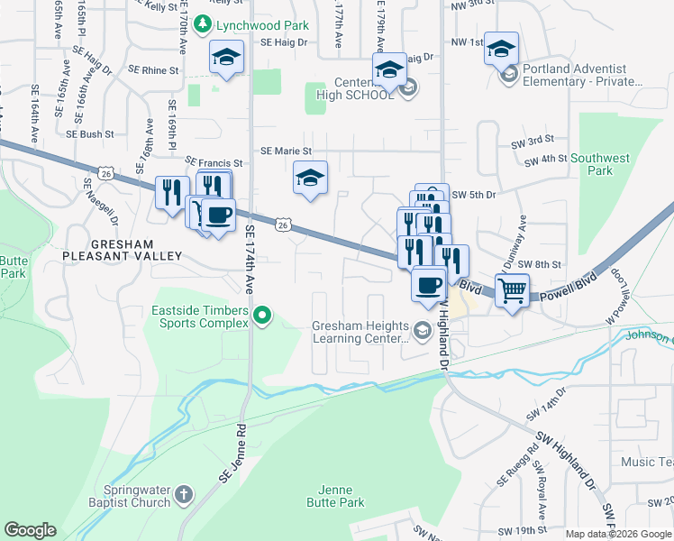map of restaurants, bars, coffee shops, grocery stores, and more near 4882 Powell Boulevard in Gresham