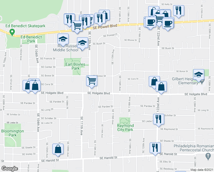 map of restaurants, bars, coffee shops, grocery stores, and more near 4332 Southeast 114th Avenue in Portland