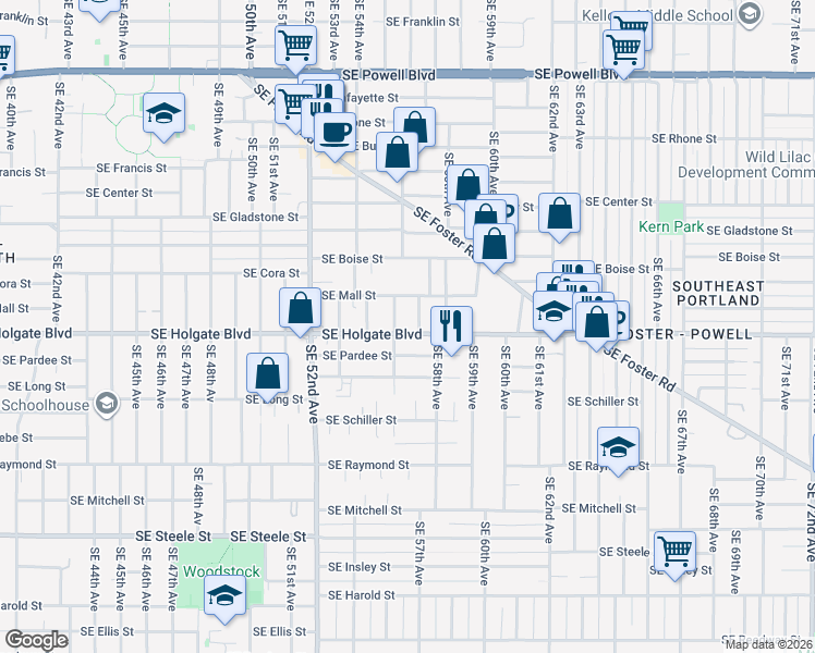 map of restaurants, bars, coffee shops, grocery stores, and more near 5603 Southeast Holgate Boulevard in Portland