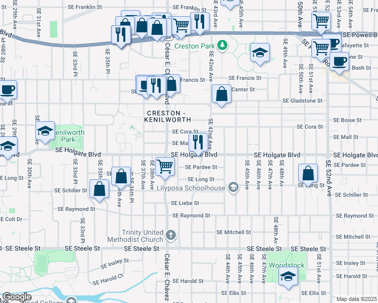 map of restaurants, bars, coffee shops, grocery stores, and more near 4039 Southeast Holgate Boulevard in Portland