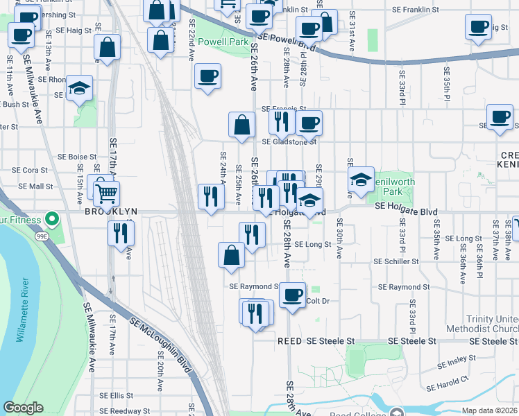 map of restaurants, bars, coffee shops, grocery stores, and more near in Portland