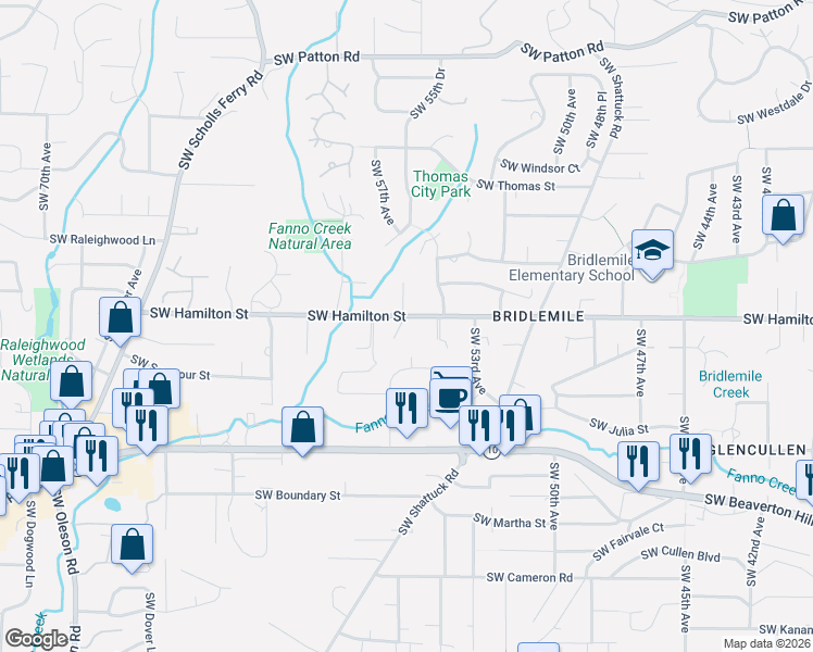 map of restaurants, bars, coffee shops, grocery stores, and more near 5536 Southwest Hamilton Street in Portland