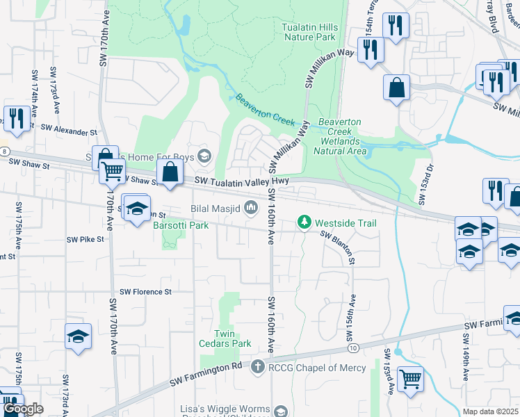 map of restaurants, bars, coffee shops, grocery stores, and more near 4085 Southwest 160th Avenue in Beaverton
