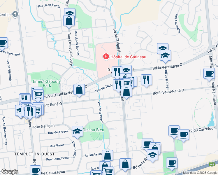 map of restaurants, bars, coffee shops, grocery stores, and more near 118 Rue de Toulouse in Gatineau