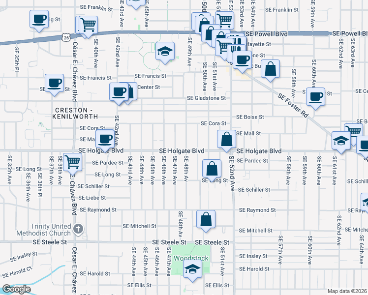 map of restaurants, bars, coffee shops, grocery stores, and more near 4729 Southeast Holgate Boulevard in Portland