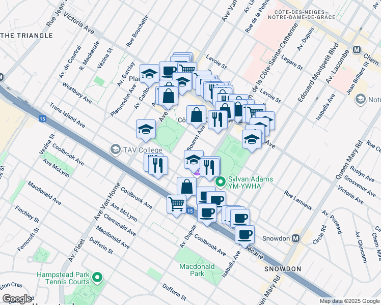 map of restaurants, bars, coffee shops, grocery stores, and more near 5050 Avenue Bourret in Montréal