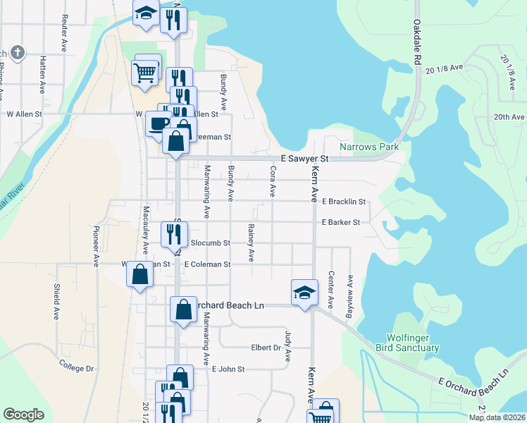 map of restaurants, bars, coffee shops, grocery stores, and more near 307 East Barker Street in Rice Lake