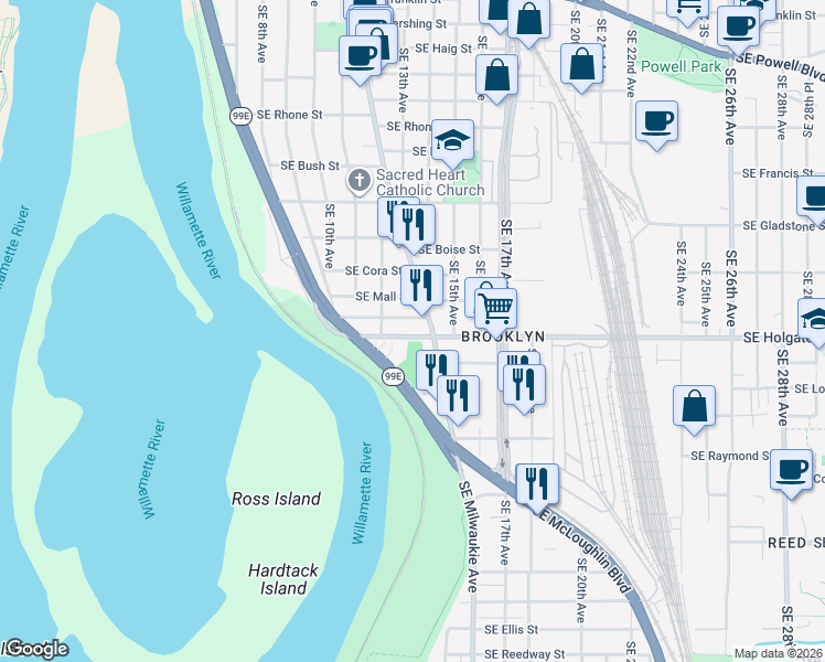 map of restaurants, bars, coffee shops, grocery stores, and more near 1315 Southeast Holgate Boulevard in Portland