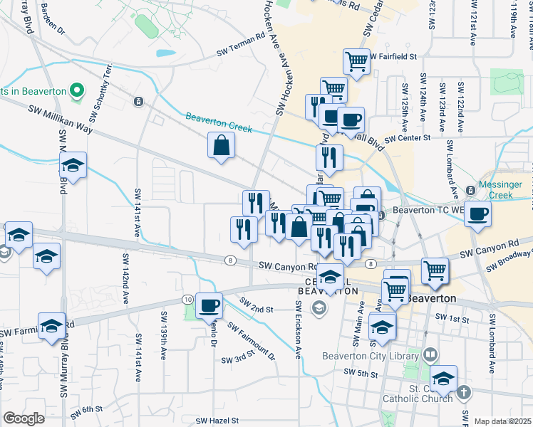 map of restaurants, bars, coffee shops, grocery stores, and more near 4150 Southwest Hocken Avenue in Beaverton