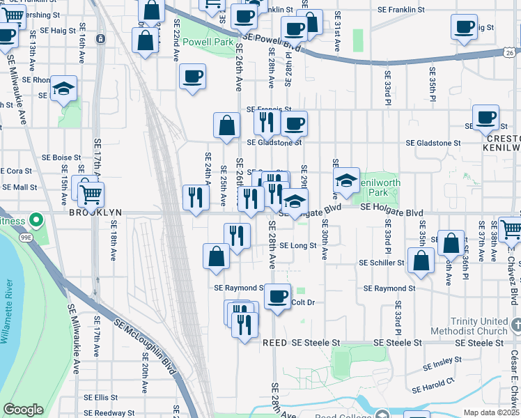 map of restaurants, bars, coffee shops, grocery stores, and more near 4444 Southeast 27th Avenue in Portland
