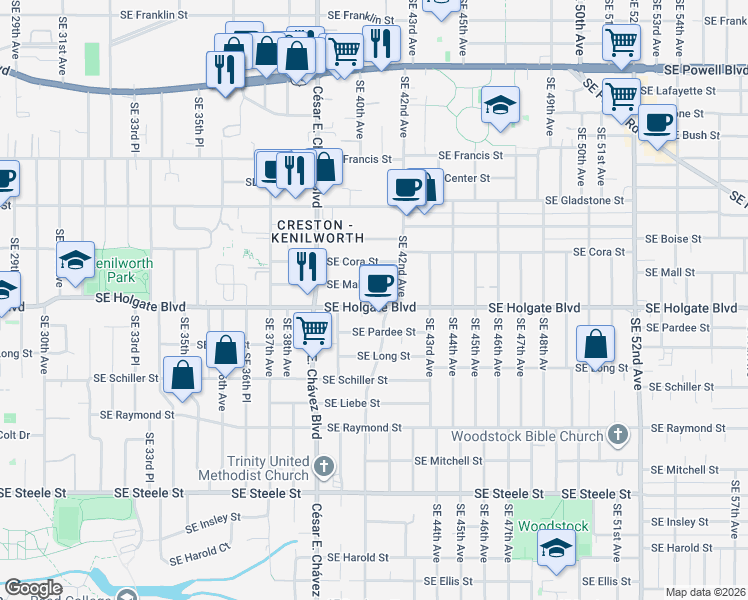 map of restaurants, bars, coffee shops, grocery stores, and more near 4039 Southeast Holgate Boulevard in Portland