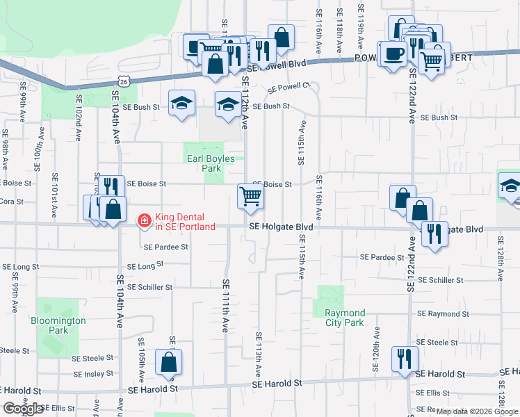 map of restaurants, bars, coffee shops, grocery stores, and more near 4333 Southeast 113th Avenue in Portland