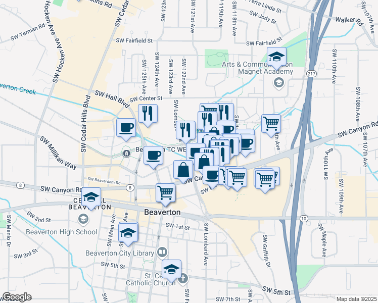 map of restaurants, bars, coffee shops, grocery stores, and more near 4108 Southwest Lombard Avenue in Beaverton