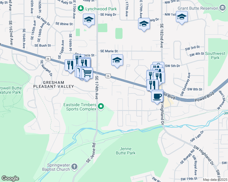map of restaurants, bars, coffee shops, grocery stores, and more near 954 Southwest Junction Place in Gresham