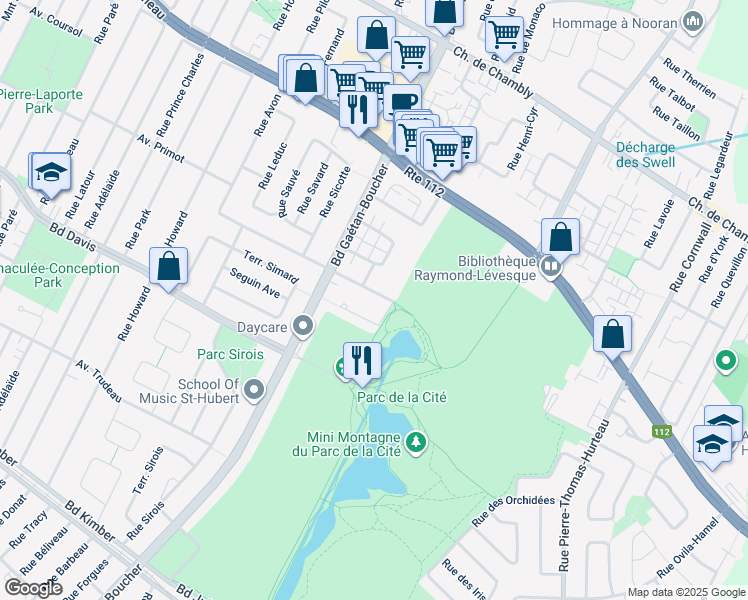 map of restaurants, bars, coffee shops, grocery stores, and more near 6067 Rue Gabrielle-Roy in Longueuil