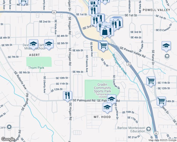 map of restaurants, bars, coffee shops, grocery stores, and more near 890 Southeast Francis Avenue in Gresham