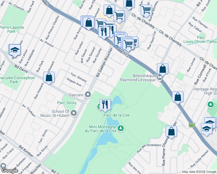 map of restaurants, bars, coffee shops, grocery stores, and more near 6067 Rue Gabrielle-Roy in Longueuil