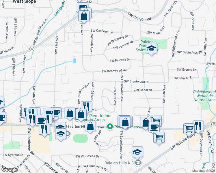 map of restaurants, bars, coffee shops, grocery stores, and more near 4155 Southwest Crestwood Drive in Portland