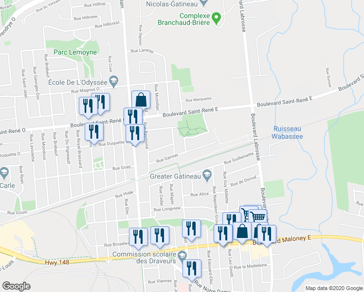 map of restaurants, bars, coffee shops, grocery stores, and more near 347 Rue Jeanne Mance in Gatineau