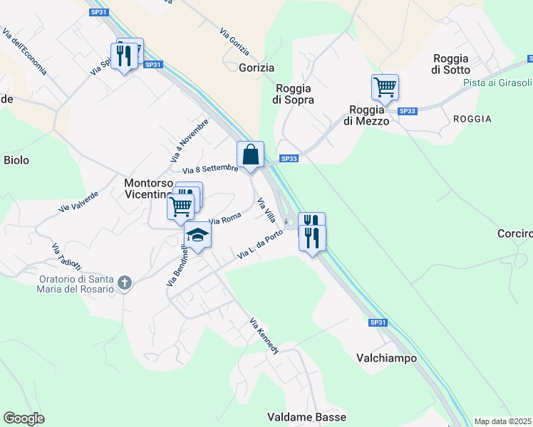 map of restaurants, bars, coffee shops, grocery stores, and more near 44 Via Villa in Montorso Vicentino