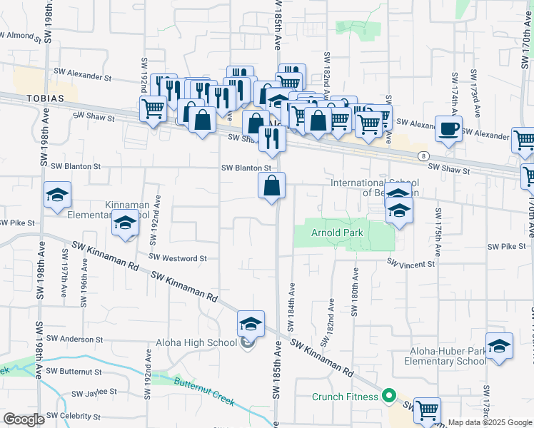 map of restaurants, bars, coffee shops, grocery stores, and more near 4055 Southwest 185th Avenue in Beaverton