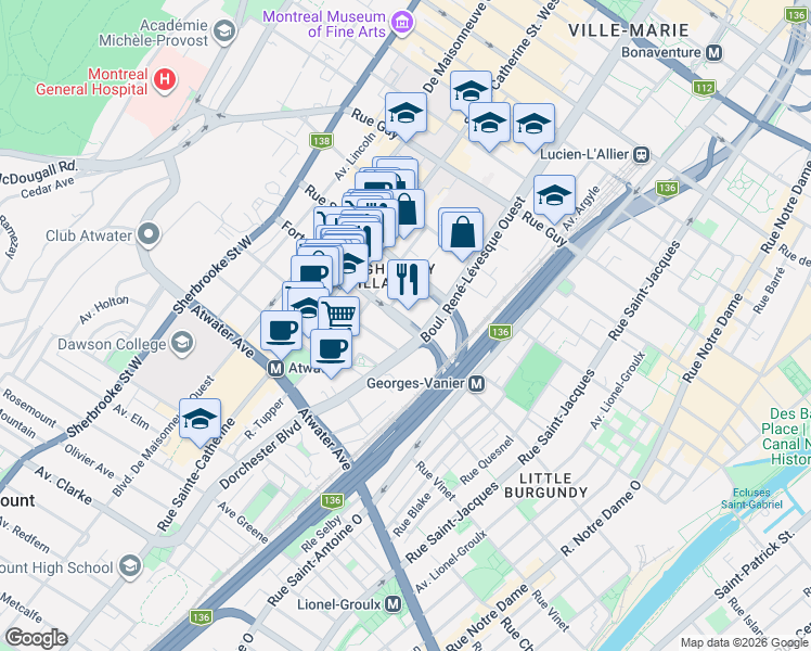 map of restaurants, bars, coffee shops, grocery stores, and more near 1180 Fort Street in Montreal