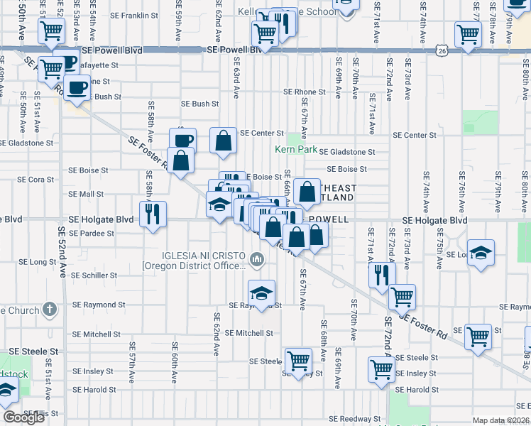 map of restaurants, bars, coffee shops, grocery stores, and more near 4425 Southeast 65th Avenue in Portland