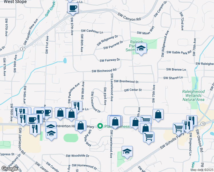 map of restaurants, bars, coffee shops, grocery stores, and more near 4080 Southwest 83rd Avenue in Portland