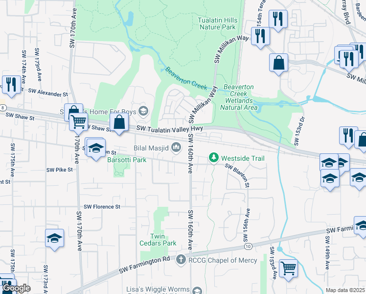 map of restaurants, bars, coffee shops, grocery stores, and more near 4085 Southwest 160th Avenue in Beaverton