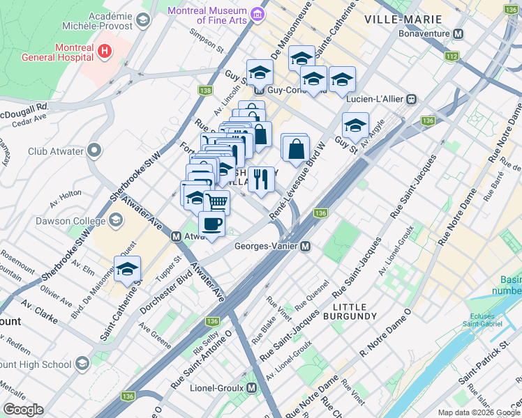 map of restaurants, bars, coffee shops, grocery stores, and more near 1190 Fort Street in Montreal