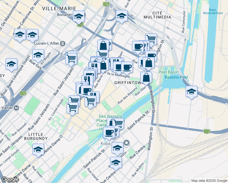 map of restaurants, bars, coffee shops, grocery stores, and more near 1400 Rue Ottawa in Montréal