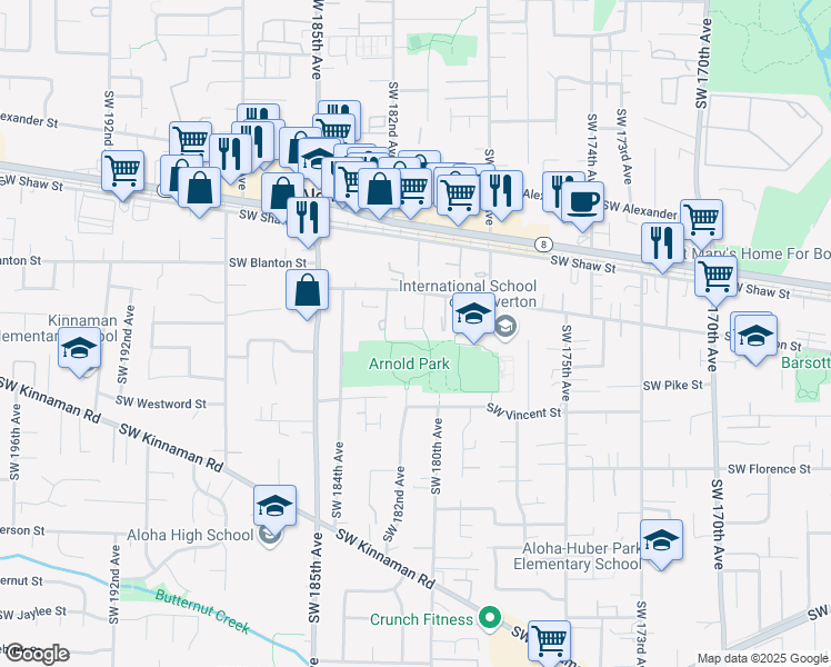 map of restaurants, bars, coffee shops, grocery stores, and more near 3962 Southwest Pinewood Way in Aloha