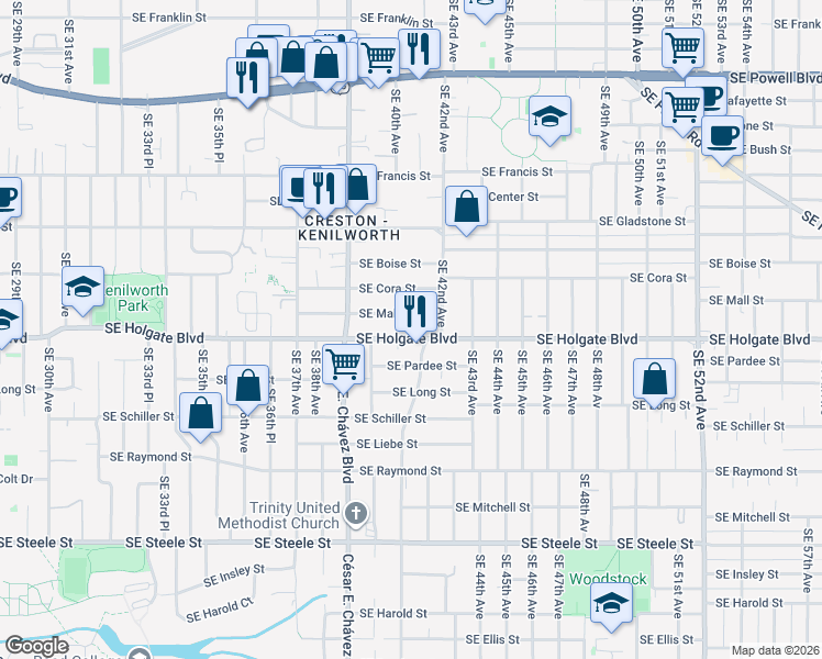 map of restaurants, bars, coffee shops, grocery stores, and more near 4065 Southeast Holgate Boulevard in Portland