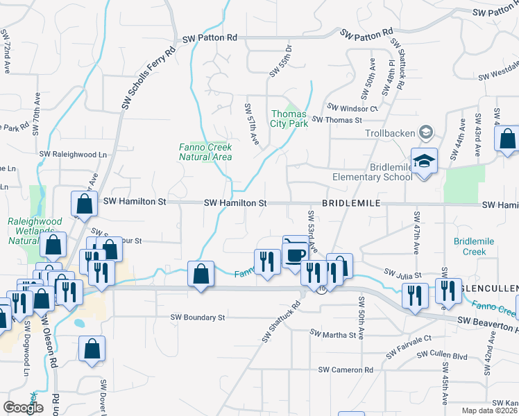 map of restaurants, bars, coffee shops, grocery stores, and more near 5536 Southwest Hamilton Street in Portland