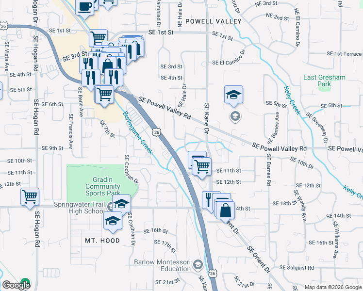 map of restaurants, bars, coffee shops, grocery stores, and more near 729 Southeast Hale Place in Gresham