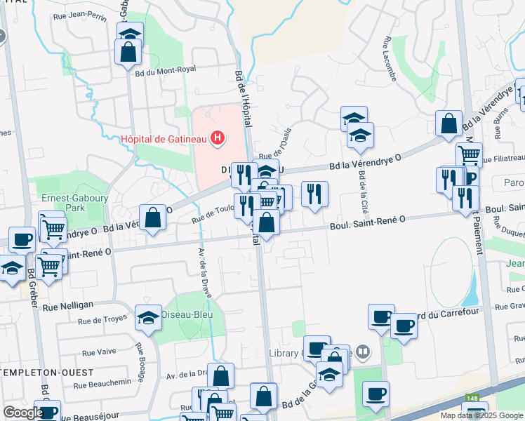map of restaurants, bars, coffee shops, grocery stores, and more near 430 Boulevard de l'Hôpital in Gatineau