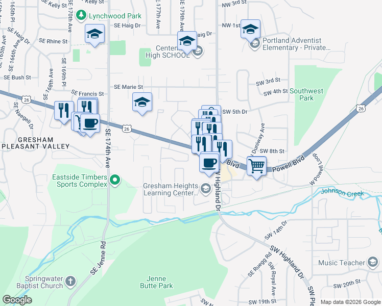 map of restaurants, bars, coffee shops, grocery stores, and more near 4694 West Powell Boulevard in Gresham