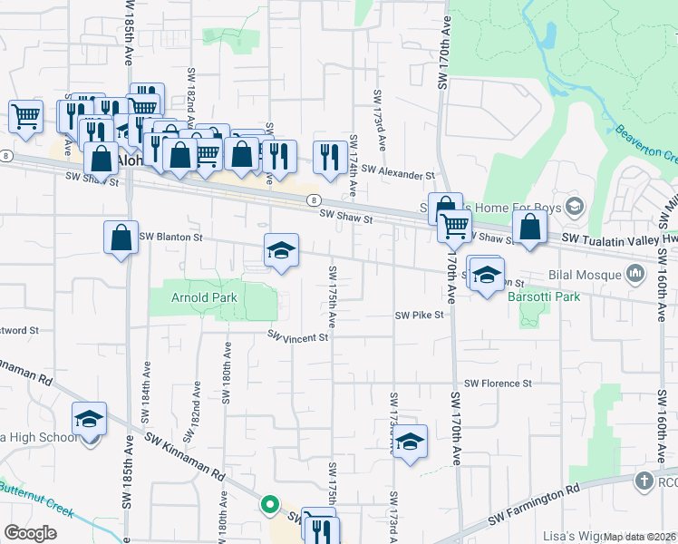 map of restaurants, bars, coffee shops, grocery stores, and more near 4030 Southwest 175th Avenue in Aloha