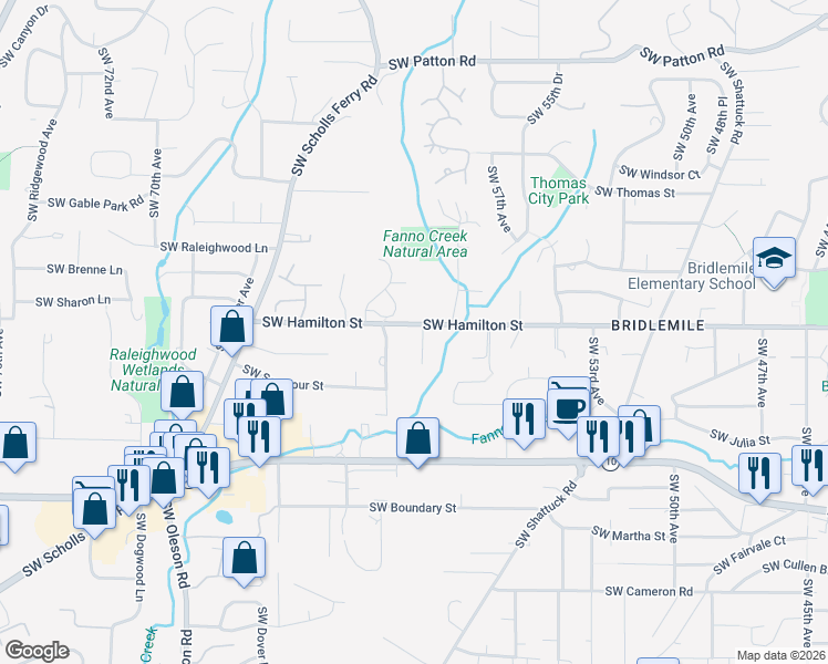 map of restaurants, bars, coffee shops, grocery stores, and more near 4510 Southwest 60th Place in Portland