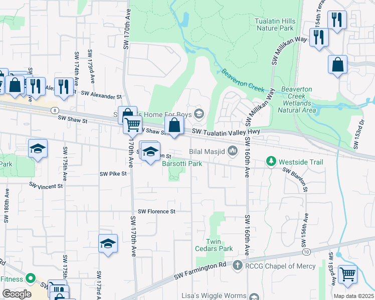 map of restaurants, bars, coffee shops, grocery stores, and more near 4065 Southwest 165th Avenue in Beaverton
