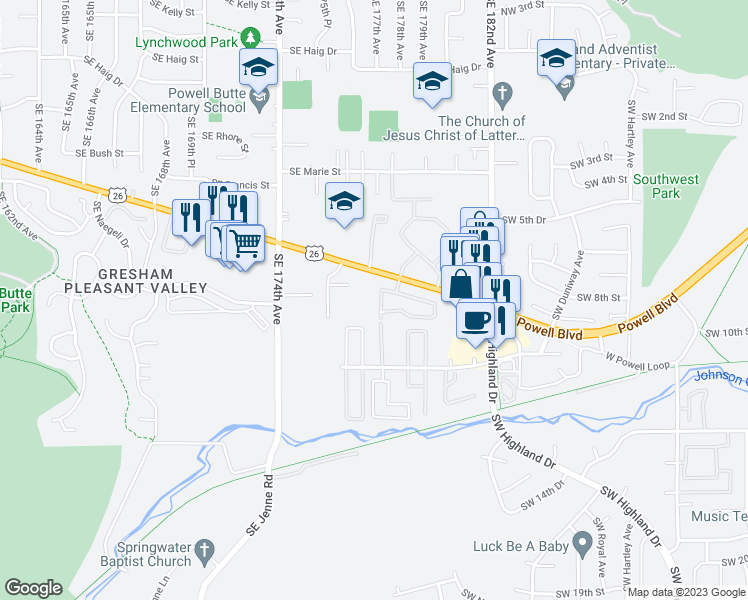 map of restaurants, bars, coffee shops, grocery stores, and more near 4882 Powell Boulevard in Gresham