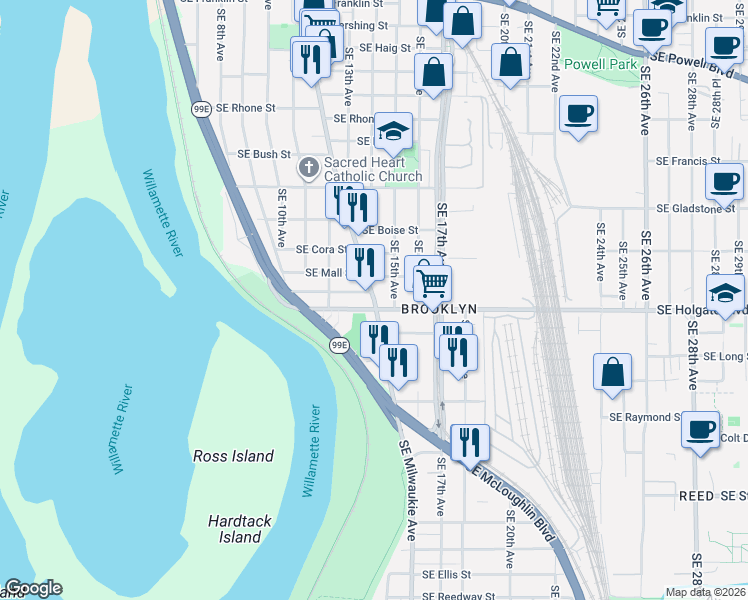 map of restaurants, bars, coffee shops, grocery stores, and more near 1315 Southeast Holgate Boulevard in Portland