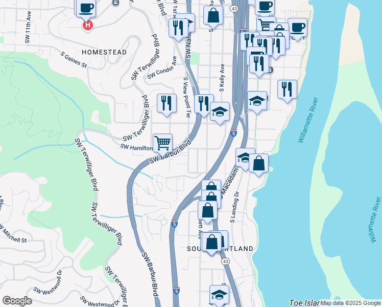 map of restaurants, bars, coffee shops, grocery stores, and more near in Portland