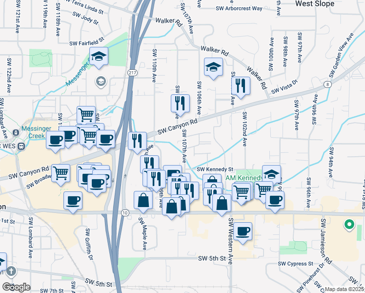 map of restaurants, bars, coffee shops, grocery stores, and more near 4075 Southwest 107th Avenue in Beaverton