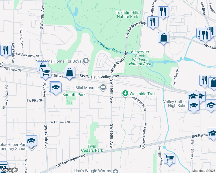 map of restaurants, bars, coffee shops, grocery stores, and more near 4085 Southwest 160th Avenue in Beaverton